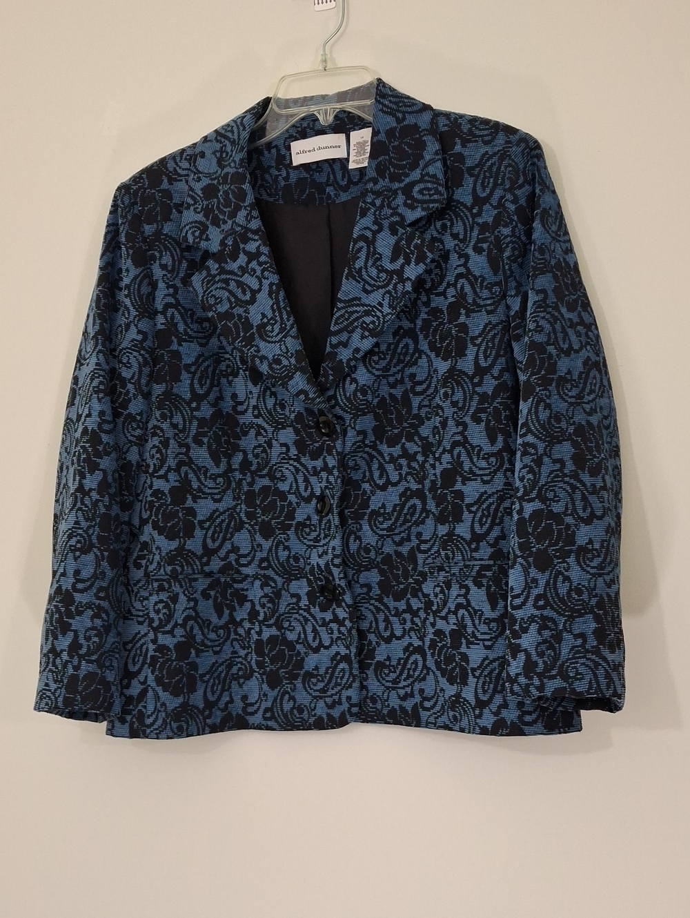 Alfred Dunner Blue and Black Floral Jacquard Blazer, Size 14